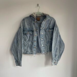 American Eagle Outfitters Blue Jean Jacket with Gray Hood